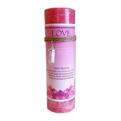 Love pillar candle with Rose Quartz pendant